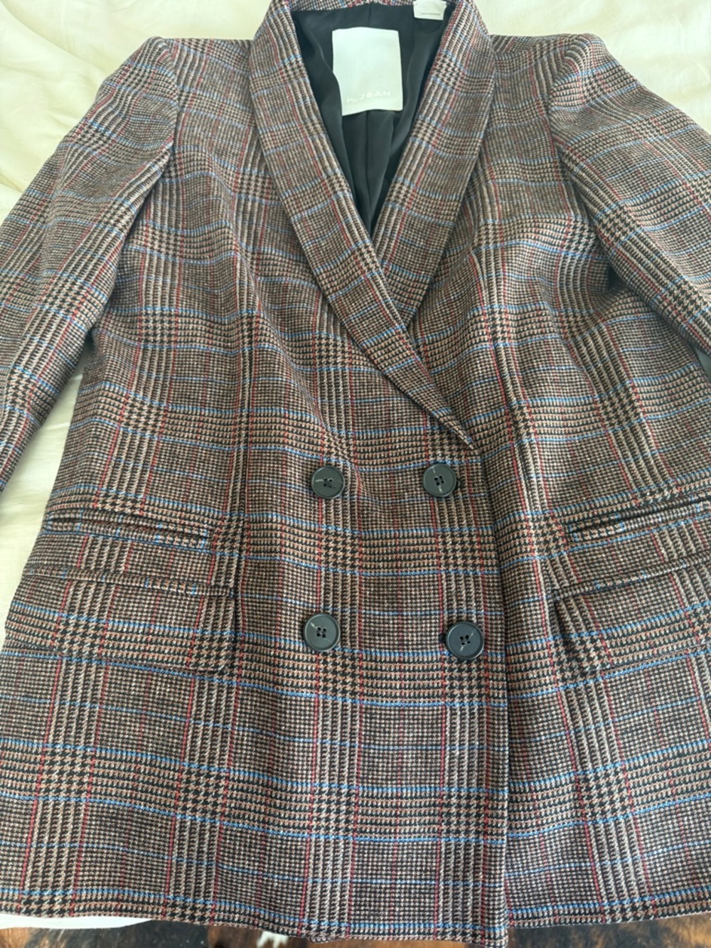 Pinko Brown Plaid Double-Breasted Blazer with Blue Accents